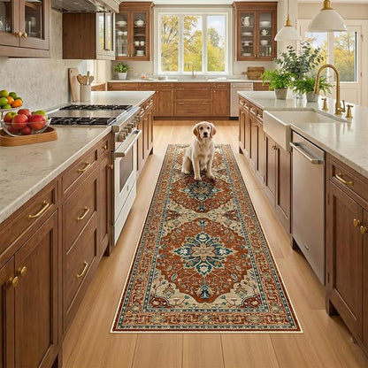 RELEANY Area Rugs Runner 2'x8' Washable Non-Slip, Floral Vintage Distress Medallion Carpet for Kitchen Hallway Bedroom Beside Laundry Room Bathroom, Red Orange Blue Brown