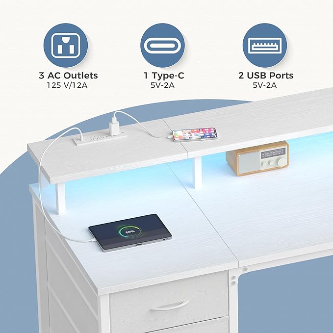 DUMOS 40 Inch Computer Desk with 4 Drawers, Gaming Desk with Power Outlets and LED Lights, Office Workstation for Small Spaces with Monitor Shelf, Writing Table for Home Office Bedroom Study White