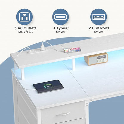 DUMOS 40 Inch Computer Desk with 4 Drawers, Gaming Desk with Power Outlets and LED Lights, Office Workstation for Small Spaces with Monitor Shelf, Writing Table for Home Office Bedroom Study White
