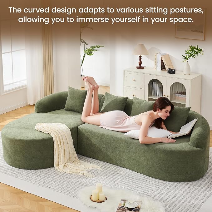 Boneless L Shaped Sofa Couch, Oversized Sectional Curved Cloud Sofa with Chaise Lounge, Chenille 4 Seats Deep Seat Couches for Living Room, No Assembly, Green