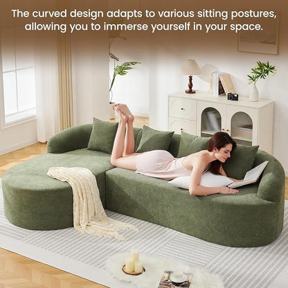 Boneless L Shaped Sofa Couch, Oversized Sectional Curved Cloud Sofa with Chaise Lounge, Chenille 4 Seats Deep Seat Couches for Living Room, No Assembly, Green