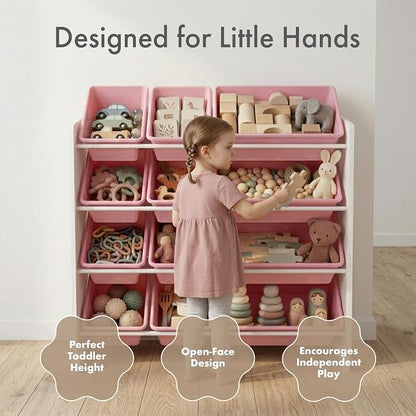 Humble Crew Toy Storage Organizer with 12 Removable Storage Bins for Kids Playroom, 4-Tier Toddler Toy Organization, White/Pink