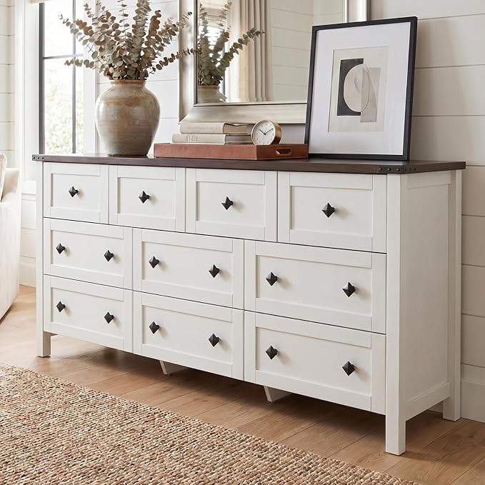 Gyfimoie 10-Drawer Dresser, 63" Farmhouse Wood Storage Chest of Drawers, Long Dresser TV Stand for TVs up to 75", Vintage Wide Dressers Organizer with Metal Handles for Bedroom, White