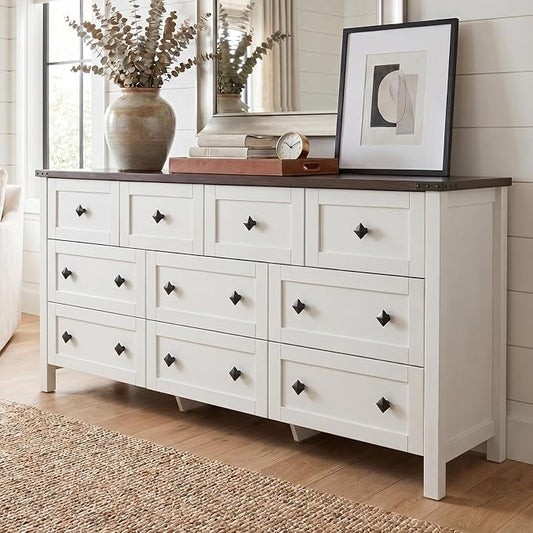 Gyfimoie 10-Drawer Dresser, 63" Farmhouse Wood Storage Chest of Drawers, Long Dresser TV Stand for TVs up to 75", Vintage Wide Dressers Organizer with Metal Handles for Bedroom, White