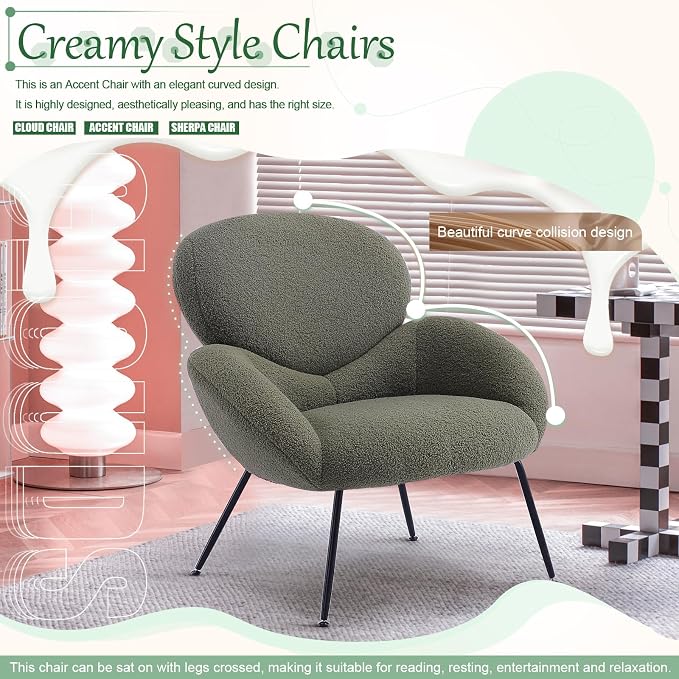 Accent Chair, Cloud Accent Chair for Bedroom, Boucle Fabric (Green) | Comfy Bedroom Chair with Love Back and Sturdy And Durable Solid-Wood Frame/ Study Room / Bedroom / Living Room /(Cream Style)