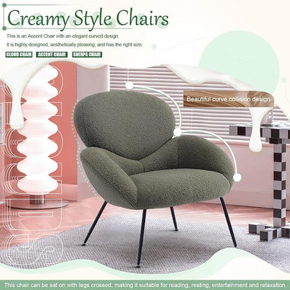 Accent Chair, Cloud Accent Chair for Bedroom, Boucle Fabric (Green) | Comfy Bedroom Chair with Love Back and Sturdy And Durable Solid-Wood Frame/ Study Room / Bedroom / Living Room /(Cream Style)