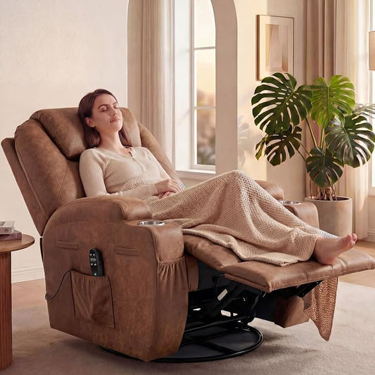 JUMMICO Small Swivel Rocker Recliner, 360 Rocking Chair Recliner with Massage, Upholstered Leathaire Rocker Recliner with Cup Holder for Living Room, Bedroom, Nursery (Dark Brown)