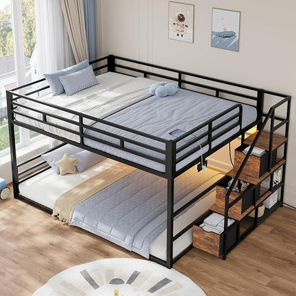 ADORNEVE Low Bunk Bed Full Over Full with Stairs, 3 Storage Drawers & Power Outlet, Full Size Metal Floor Bunk with RGB Lights & Shelves, Space-Saving Kids Bed, Black & Brown