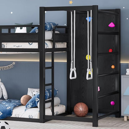 Bellemave Twin XL Bunk Bed with Basketball Hoop, Pull-up Rings and Climbing Wall, Twin XL Bunk Bed with Slide and Bookcase, Heavy Duty Bunk Beds with Guardrail, Black