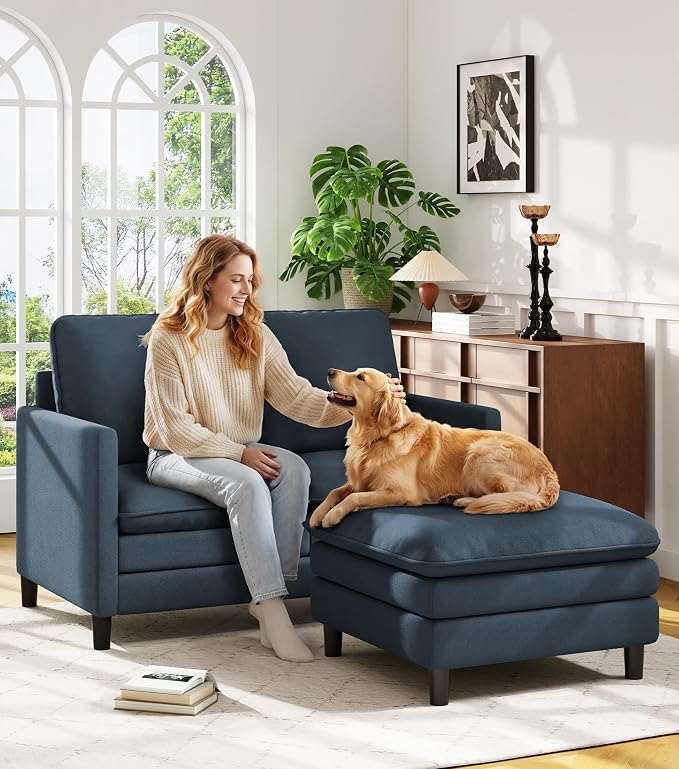 Welzona 3-Layers Cloud L Shaped Couch, 51" Loveseat Sofa Living Room, Bedroom - Tool-Free Assembly with Teddy Fabric Small L Shape Sofa - Blue Grey - Removable Washable Covers - 650lbs Capacity