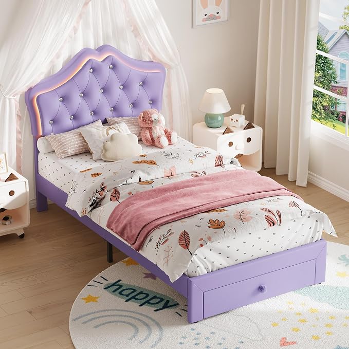 Garvee Full Size Bed Frame with LED Lights & Velvet Crystal Button Headboard, Upholstered Boy Platform Bed with Storage Drawer, Noise Free, No Box Spring Needed for Kids, Teens,