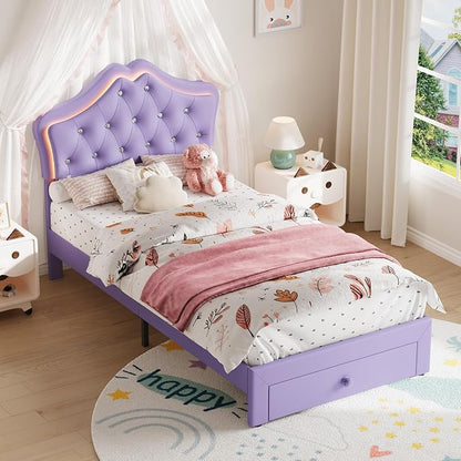 Garvee Full Size Bed Frame with LED Lights & Velvet Crystal Button Headboard, Upholstered Boy Platform Bed with Storage Drawer, Noise Free, No Box Spring Needed for Kids, Teens,