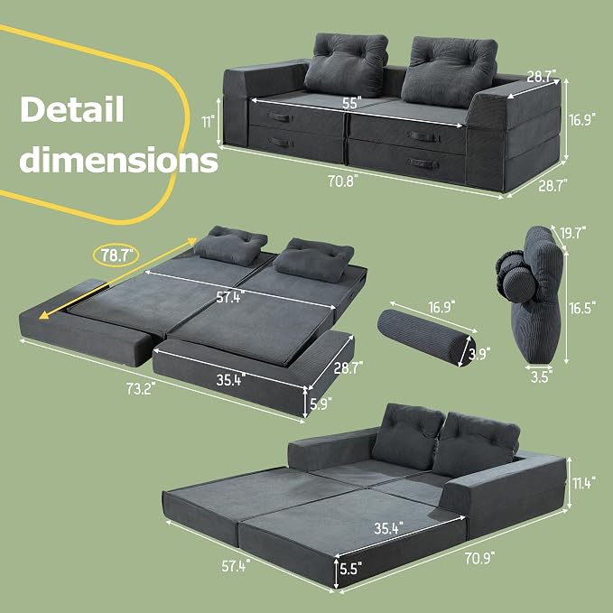 Folding Sofa Bed, 4 in 1 Convertible Sleeper Chair with Pillow, Loveseat Memory Foam Fold Out Chair Bed, Modern Floor Futon Sofa Couch Mattress for Living Room/Guest/Apartment, Black Grey | Compressed sofa