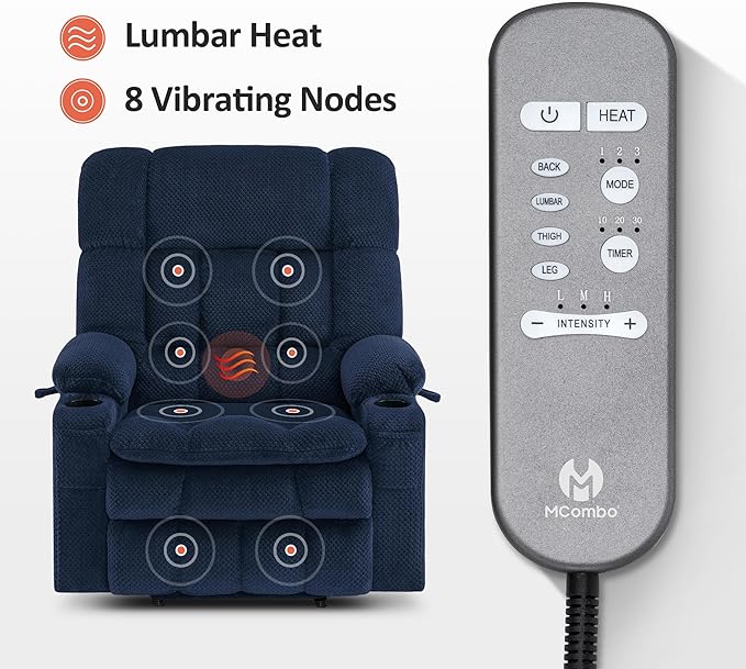 MCombo Oversized Power Lift Recliner Chair for Elderly, Dual Motor Lift Chair with Heat and Massage, Lay Flat Lift Chair for Big and Tall, Cup Holders, Fabric R7891 (Large-Wide, Navy Blue)