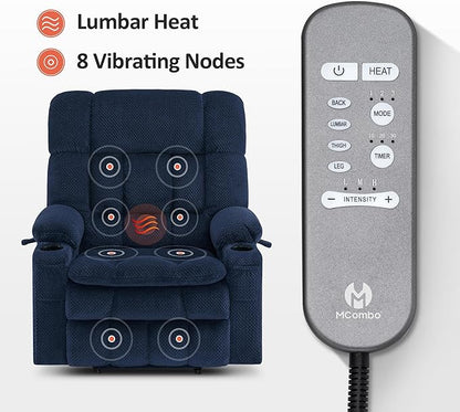 MCombo Oversized Power Lift Recliner Chair for Elderly, Dual Motor Lift Chair with Heat and Massage, Lay Flat Lift Chair for Big and Tall, Cup Holders, Fabric R7891 (Large-Wide, Navy Blue)