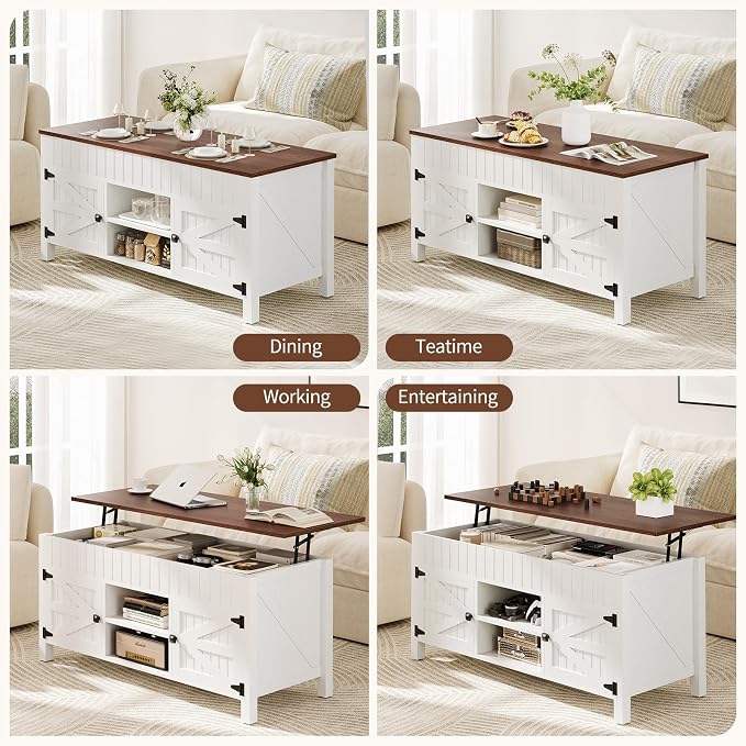 47.3“ Lift Top Coffee Table with Storage - White Coffee Tables for Living Room, Farmhouse Wood Center Table, Large Rectangle Middle Tables with Hidden Compartment & Adjustable Shelf