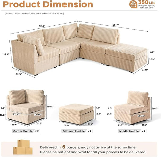 ovios Modular Sectional Sofa Couch with L-Shape Chaise Ottoman, Comfy Plush Corduroy Cloud Couches, Modern Luxury Deep Seat Sofas Set for Living Room, 5-Seater, Beige