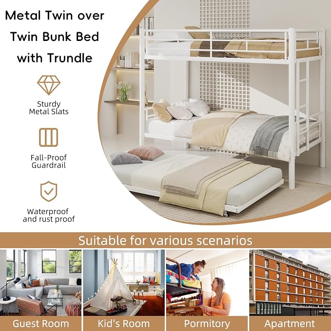 Livavege Detachable Bunk Bed Twin Over Twin with Trundle, Heavy Duty Bunk Beds for 3 Kids/Teens/Adults with Safety Guardrails & Ladder, Space Saving 3 Metal Bed Frame for Bedroom, Dorm, White