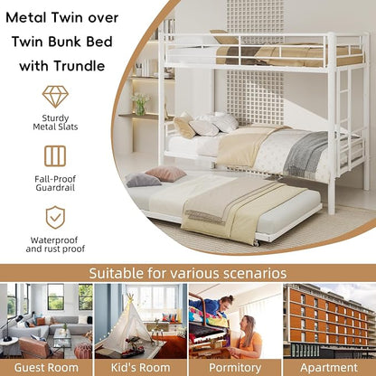 Livavege Detachable Bunk Bed Twin Over Twin with Trundle, Heavy Duty Bunk Beds for 3 Kids/Teens/Adults with Safety Guardrails & Ladder, Space Saving 3 Metal Bed Frame for Bedroom, Dorm, White