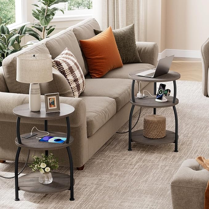 Round Side Table with Power Outlet & USB Ports, 3-Tier End Table with Storage Shelf, 15.7" Wide Nightstand for Small Spaces, Tall Bedside Table Capable of Charging Laptops & Phones, Rustic Brown