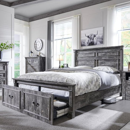 Aitjunz Farmhouse Queen Size Bed Frame with 51" Tall Headboard, Wood Platform Bed Frame with 20" Tall Roman Column Decoration Footboard & 2 Large Storage Drawers, No Box Spring Needed (Light Grey)