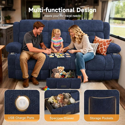 Loveseat Recliner Sofa with Flip Backrest Design, 3 Seat RV Recliner Sofa with USB Ports & Pockets, Wall Hugger Reclining Loveseat with Cup Holders & Drawer, RV Couch for Home Theater Seating