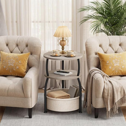 Round Side Table with Storage Basket, End Table Living Room, Greige | Round End Table, Small Bedside Table for Bedroom, 3 Tiers, Sofa Couch Side Table, Linen Storage, Greige 15.75in