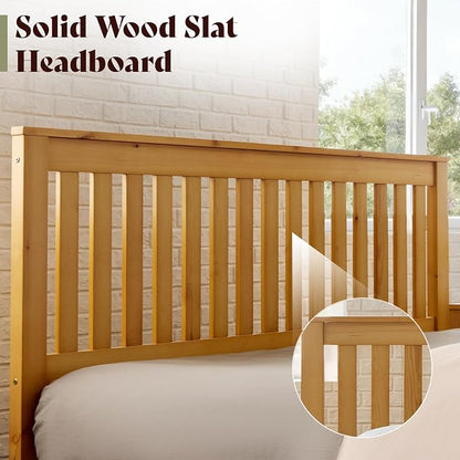 AMERLIFE Full Bed Frame, Solid Wood Platform Bed with Vertical Slats Headboard, Wooden Bedframe Full-Size, Sturdy Wooden Slats Support, No Box Spring Needed, Noise Free, Light Wood