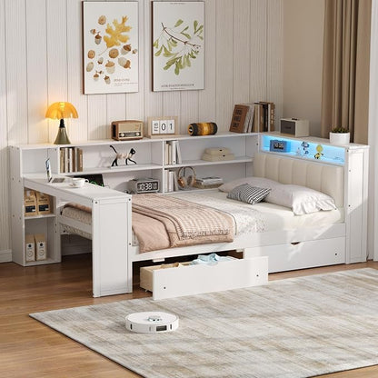 Bellemave Full Corner Bed with Storage Shelves and Desk, Upholstered Headboard Daybed with Bookcase and Drawers，Daybed with Storage, White+Beige Cushion