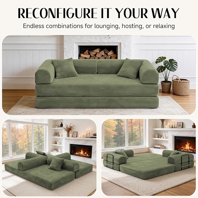 79'' Convertible Sofa Bed, Boneless Couch-in-a-Box, Corduroy Floor Futon Loveseat Sleeper, 26'' Deep Seat, Removable Machine-Wash Covers, No Assembly, 2 Pillows, Olive Green