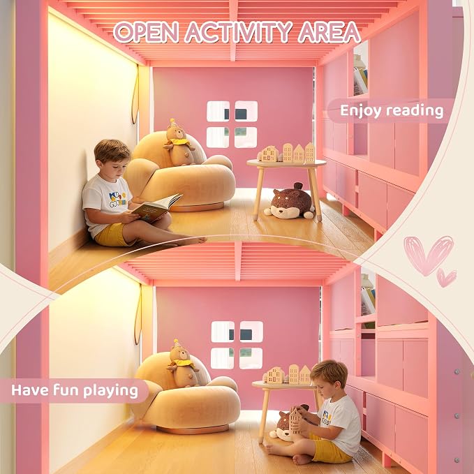 Bellemave Low Loft Bed Twin Size with Storage Shelves & Fabric Drawers, Metal Twin Loft Bed for Kids with LED Lights & Under-Bed Play Area, Low Loft Bed Frame for Bedroom, No Box Spring Needed, Pink
