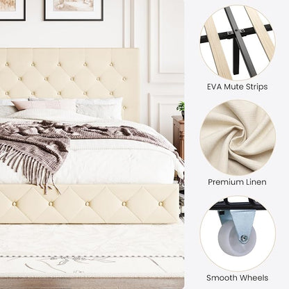 SHA CERLIN Upholstered King Size Platform Bed Frame with 4 Storage Drawers, Adjustable Headboard with Diamond Stitched Button Tufted Design, Wooden Slat Support, No Box Spring Needed, Beige