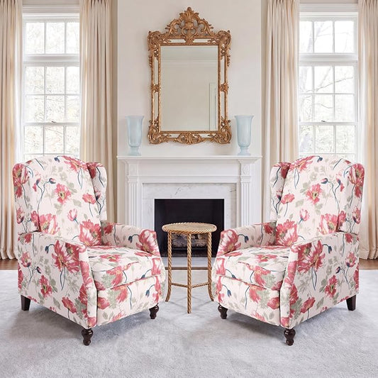 Upholstered Wingback Recliner Chair, Mid Century Modern Manual Push Back Recliner for Living Room, Bedroom (2, Red Floral)