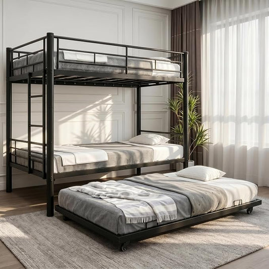 Livavege Detachable Bunk Bed Twin Over Twin with Trundle, Heavy Duty Bunk Beds for 3 Kids/Teens/Adults with Safety Guardrails & Ladder, Space Saving 3 Metal Bed Frame for Bedroom, Dorm, Black