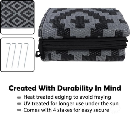 SAND MINE Waterproof Outdoor Rug, Plastic Reversible Rug, Modern Area Rug, Large Floor Mat for Outdoors, RV, Patio, Backyard, Deck, Picnic, Beach, Camping (8' x 8', Black Grey Lattice)