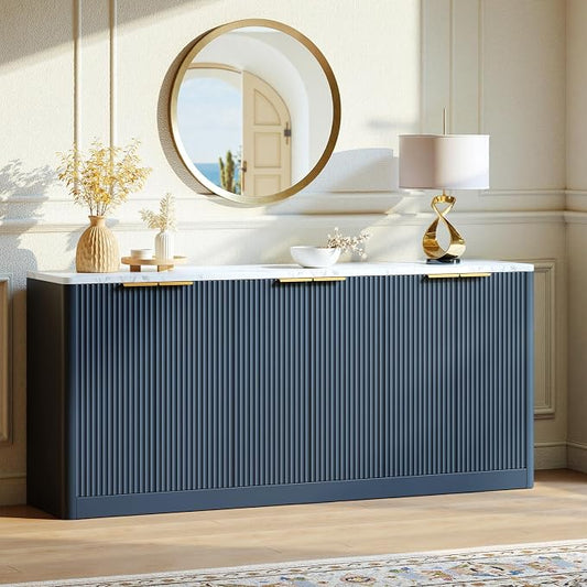 Evermagin 67" Fluted Blue Buffet Cabinet Sideboard with Storage, Large Credenza with 6 Doors, Wood Mid Century Modern Sideboard for Kitchen and Living Room (67"*31.5"*15.7")