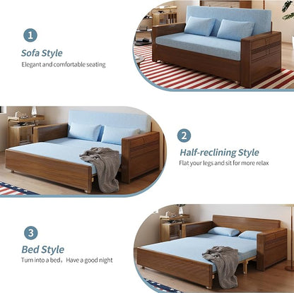 71" Queen Convertible Sofa Sleeper, 3-in-1 Sectional Sofa Bed with Reversible Chaise, Blue Cushions,Solid Wood Frame, Pull Out Couch for Living Room Apartment Bedroom Office