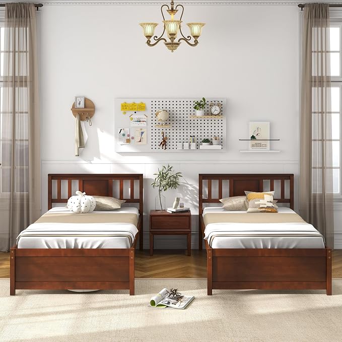 Giantex Twin Bed Frame With Headboard, Mid Century Solid Wood Platform Bed, Single Panel Bed With Slat Support, No Box Spring Needed, for Kids, Walnut