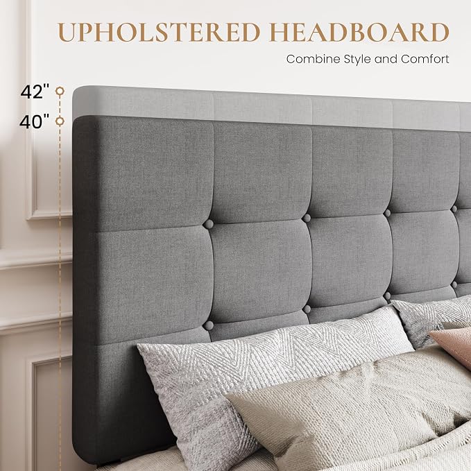 SHA CERLIN Upholstered King Size Platform Bed Frame with 4 Storage Drawers, Adjustable Headboard with Square Stitched Button Tufted Design, Wooden Slat Support, No Box Spring Needed, Light Grey