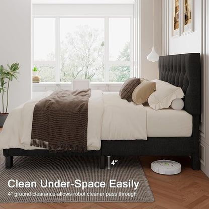 Einhomn Full Upholstered Bed Frame with Headboard, Button Tufted Linen Bed Base, Platform Bed with Wood Slat, Heavy Duty, Easy Assembly, No Box Spring Needed, Dark Grey