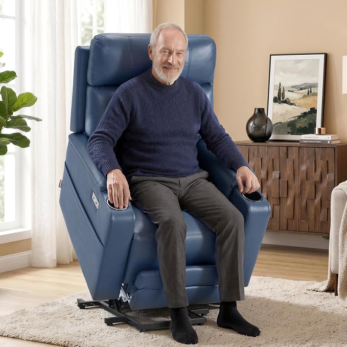 MCombo Lift Chair for Tall Man 6‘6’’, Dual Motor Power Lift Recliner Chair for Elderly, Lay Flat for Sleeping, Heat and Massage, USB & Type C, Faux Leather 7755 (Blue)