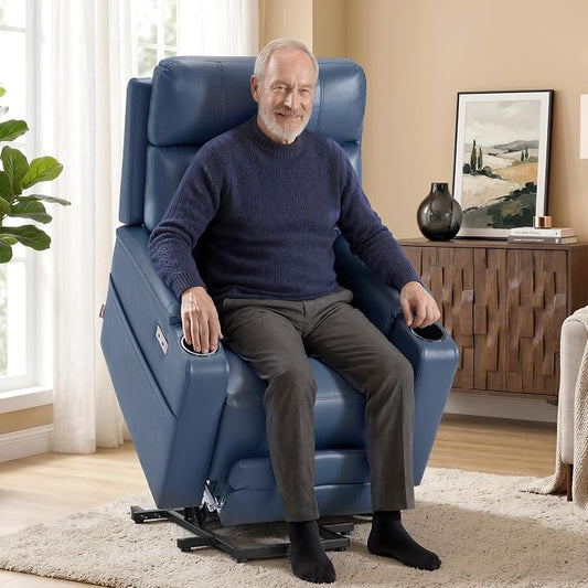 MCombo Lift Chair for Tall Man 6‘6’’, Dual Motor Power Lift Recliner Chair for Elderly, Lay Flat for Sleeping, Heat and Massage, USB & Type C, Faux Leather 7755 (Blue)