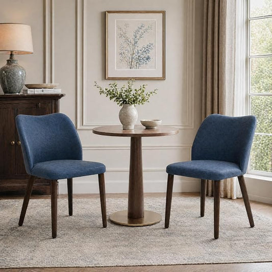 COLAMY Dining Chairs Set of 2, Upholstered Leather Kitchen Chairs with Curved Back, Padded Seat and Solid Wood Legs, Modern Dining Chair for Kitchen Dining Room, Blue