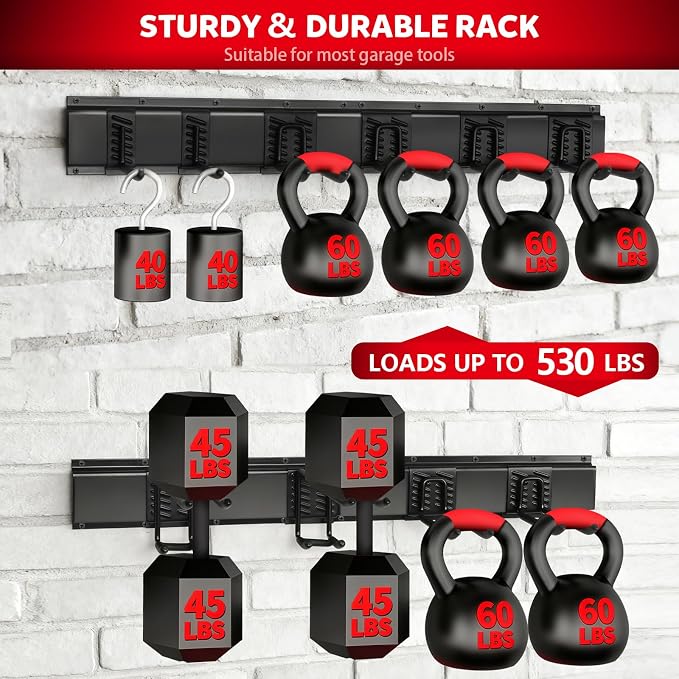 64 Inches Garage Tool Organizer Wall Mount, Tool Storage Rack Wall Mount, Heavy Duty Garden Wall Organizer System for Yard, garage and Shed, Tool Holder for Hanging Rake Snowboard Broom Mop