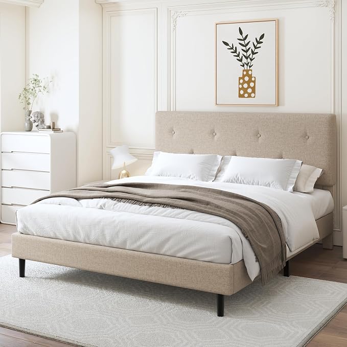 King Size Linen Bed Frame, Upholstered Platform Bed Frame with Adjustable Headboard, Wooden Slats Support, Easy Assembly, No Box Spring Needed, Beige
