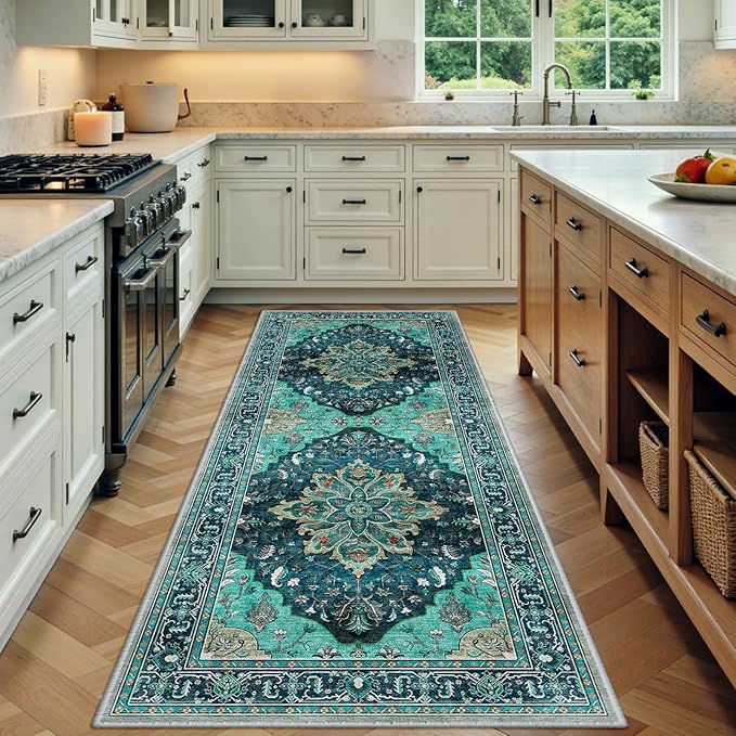 RELEANY Area Rugs Runner 3'x6' Washable Non-Slip, Floral Vintage Distress Medallion Carpet for Kitchen Hallway Bedroom Beside Laundry Room Bathroom, Teal Green Lake Blue Turquoise