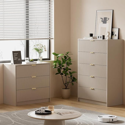 Furniway Beige Dresser for Bedroom, Modern Dresser with 5 Drawers and Smooth Slides, Wide Chest of Drawers with Golden Handles for Bedroom, Living Room, Closet, 15.7" D x 31.5" W x 47.2" H