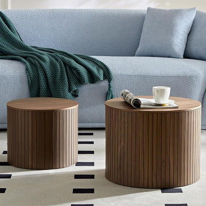 Nesting Coffee Tables Set of 2, Wooden Round Fluted Coffee Tables with Storage, Accent Drum Side Table, Luxury Modern Circle End Table for Small Spaces Living Room Bedroom Balcony Office, Walnut