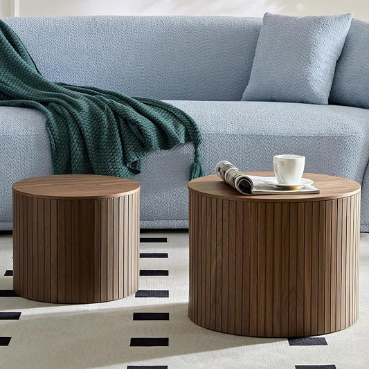 Nesting Coffee Tables Set of 2, Wooden Round Fluted Coffee Tables with Storage, Accent Drum Side Table, Luxury Modern Circle End Table for Small Spaces Living Room Bedroom Balcony Office, Walnut