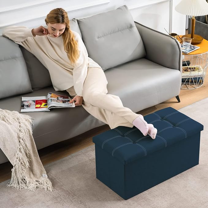 YOUDENOVA 30 Inch Storage Ottoman, Folding Ottoman with Storage, Linen Storage Ottoman Bench Supports Up to 350 lbs, Footrest Seat for Living Room, Bedroom, Blue
